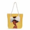 Vue détaillée de l'impression d'art de femme élégante sur le sac cabas en toile jaune. - Grand Nœud Blanc Jaune (msk3509)