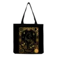 Black canvas tote bag with mystical gold cat print, portable retro shoulder handbag. - Mystic Astrology Cat (hmk2997)