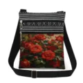 Chic double zipper crossbody bag with red rose oil painting print and black white stripes. - Red Rose Pattern (xkk2980)