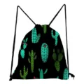 Black canvas drawstring bag featuring trendy cactus print, ideal for daily storage and travel. - Black Cactus (sk6530)