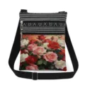 Close-up detail of vintage oil painting rose print on black and white canvas bag. - Mixed Rose Pattern (xkk2982)