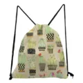 Watercolor cactus print drawstring backpack, casual foldable large capacity storage bag. - White Cactus (sk6531)