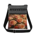 Details view of the vintage rose print canvas crossbody bag with double zippers and black strap. - Vintage Rose Pattern (xkk2983)