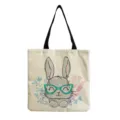Leuke canvas shopper tas met konijnenprint, grote casual handtas voor vrouwen. - Groene Bril Konijn (hm6841)