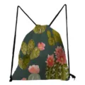 Watercolor cactus print drawstring backpack, casual daily storage bag with black cords. - Dark Green Floral Cactus (sk6532)
