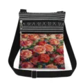 Detail shot of the floral print pocket and black white striped pattern on the crossbody bag. - Classic Rose Pattern (xkk2985)