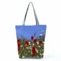 Détail du sac cabas à imprimé floral, motif botanique avec coquelicots et marguerites. - Style Coquelicot et Marguerite (hl11994)