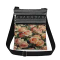 Detail shot of vintage rose print crossbody bag with black white striped pattern and double zippers. - Oil Painting Rose Pattern (xkk2986)