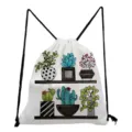 White watercolor potted cactus print drawstring backpack casual foldable storage daily bag - White Double Layer Potted Succulent (sk6538)