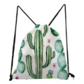 Watercolor cactus print drawstring bag detail, casual daily storage pouch close up view. - White Watercolor Minimalist Cactus (sk6539)