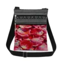 Detailed view of double zipper floral crossbody bag with rose petal print and black strap. - Realistic Rose Pattern (xkk2989)