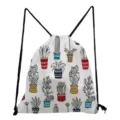 Fresh cactus printed drawstring backpack, lightweight foldable daily travel storage bag. - White Potted Cartoon Illustration (sk6540)
