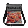 Detailed view of the canvas crossbody bag featuring vibrant oil painting rose prints and zippers. - Oil Painting Floral (xkk2990)