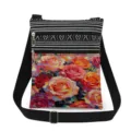 Detailed view of women's floral print crossbody bag featuring striped pattern and dual zippers. - Colorful Rose (xkk2991)