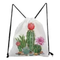 White canvas drawstring backpack with cute watercolor cactus and succulent print casual daypack. - White Pebble Watercolor Succulent (sk6542)