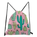 Detailed close-up view showing the cute pink cactus pattern on the drawstring bag. - Pink Cartoon Green Cactus (sk6543)