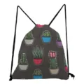 Closeup view of the cactus printed drawstring bag featuring the detailed potted plant pattern. - Dark Gray Colorful Cactus (sk6544)