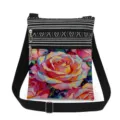 Close-up detail of the colorful rose oil painting print and double zipper pockets on crossbody bag. - Vivid Rose (xkk2993)