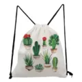 Detail view of the fresh cactus print drawstring backpack showing detailed watercolor succulent pattern. - White Succulent Illustration (sk6545)