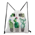 Watercolor cactus print canvas drawstring backpack, cute daily storage casual shoulder bag. - White Sketch Watercolor Cactus (sk6546)