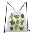 Close-up of white drawstring backpack featuring green cactus prints and black cord details. - White Green Cactus Line Art (sk6547)