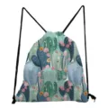 Fresh cactus floral print drawstring bag, lightweight daily storage backpack, foldable. - Blue Green Full Print Floral Cactus (sk6550)