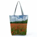 Sac cabas fourre-tout en toile à imprimé floral grande capacité sac bandoulière femme - Style Paysage de Champ de Coquelicots Rouges (hl12010)