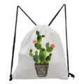 Detail view of a white drawstring backpack featuring a trendy watercolor cactus plant print. - White Watercolor Potted Cactus (sk6551)