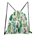 Close up view of the cactus pattern drawstring bag detail showing watercolor plants. - White Hand Painted Minimalist Cactus (sk6552)