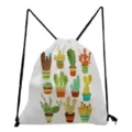 White canvas drawstring backpack with cute potted cactus print daily storage bag - White Fresh Potted Cartoon (sk6556)