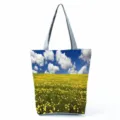 Sac Cabas en Toile Imprimé Floral, Ciel Bleu Champ Jaune Sac à Main Épaule Décontracté - Style Ciel Bleu et Fleurs Jaunes (hl12014)