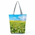 Sac cabas à motif floral tendance avec anses grises, grand sac d'épaule décontracté. - Style Ciel Bleu et Prairie de Fleurs Sauvages (hl12015)
