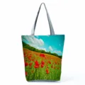 Grand sac cabas en toile à motif floral, sac à épaule décontracté avec impression de coquelicots. - Style Champ de Coquelicots Rouges (hl12016)