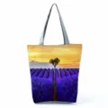 Sac cabas en toile imprimé floral, grand sac à épaule décontracté pour femme quotidien. - Style Lavande au Coucher du Soleil (hl12017)