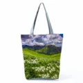 Sac cabas bandoulière imprimé floral tendance, grand sac à main décontracté pour le bureau. - Style Paysage de Fleurs Sauvages Blanches (hl12020)