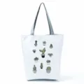 Casual λευκή τσάντα tote από καμβά με χαριτωμένο σχέδιο κάκτου, μεγάλη τσάντα ώμου. - Λευκός Κάκτος σε Γλάστρα (hl12498)
