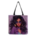 Stylish canvas tote bag featuring a chic black woman print, perfect for daily use. - Black Illustration Style (hmk2777)