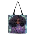 Fashion canvas shoulder bag featuring a stylish black woman art print for daily use. - Black Illustration Style (hmk2787)