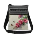 Detailed view of lightweight canvas crossbody messenger bag with floral print and black strap. - Pink Floral Butterfly Style (xkk2673)