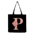 Sac cabas en toile noire avec lettre P rose et motif floral, sac à main pratique et élégant. - Style Lettre P (hmk2877)