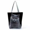 Large capacity grey cat print canvas tote bag, casual shoulder handbag with zipper closure. - Grey Cat on Black Background Print (hl5106)