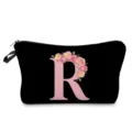 Bolsa de maquillaje negra con estampado floral de la letra R rosa, neceser ligero. - Estilo Letras R Flores Rosas Fondo Negro