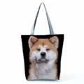 Dog print canvas tote bag detail, large capacity shoulder handbag with zipper closure. - Shiba Inu Print (hl5108)