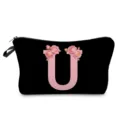 Bolsa cosmetica negra con letras U y flores, estuche de maquillaje ligero con cremallera. - Estilo Letras U Flores Rosas Fondo Negro