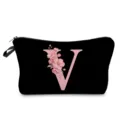 Bolsa de cosméticos negra con letra V floral rosa, bolso de mano ligero para uso diario. - Estilo Letras V Flores Rosas Fondo Negro