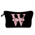 Bolsa de cosmeticos negra con letra W rosa y estampado floral de cerezo para uso diario de mujeres. - Estilo Letras W Flores Rosas Fondo Negro