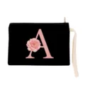 Black canvas cosmetic pouch featuring a pink floral letter A design with zipper and strap. - Letter A Style (xbk2862)