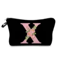Bolso cosmético negro con letra X rosa y estampado floral, bolsa de maquillaje ligera. - Estilo Letras X Flores Rosas Fondo Negro