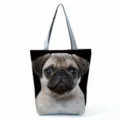 Pug dog print tote bag detail view, casual shoulder bag with comfortable grey handles. - Pug Print (hl5113)