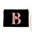 Black canvas cosmetic pouch with pink letter B floral print, stylish portable makeup bag. - Letter B Style (xbk2863)